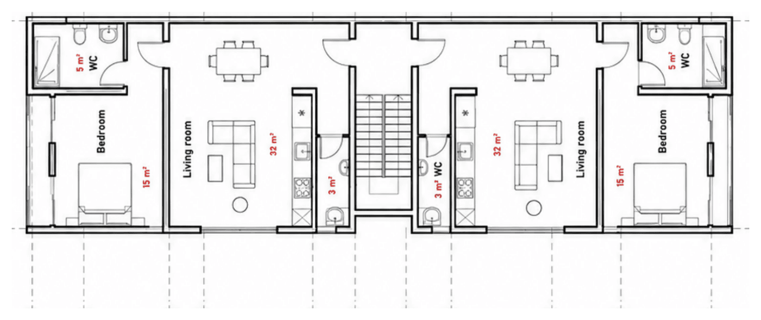 Floor plan of two mirrored 60 square metre one-bedroom units either side of the stair core